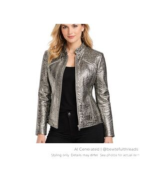 Chico’s Size 2 Silver Metallic Snake Print Moto Jacket | Zip Front